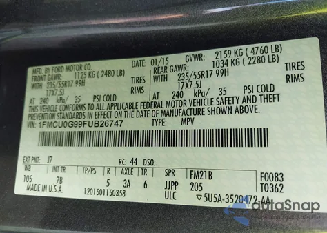 2015 Ford Escape Se from USA, damaged, VIN 1FMCU0G99FUB26747